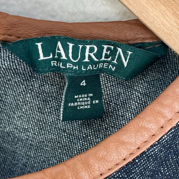 Lauren Ralph Lauren Womens 4 Denim Shift Dress Sheep Leather Trim Sleeveless - Picture 5 of 13